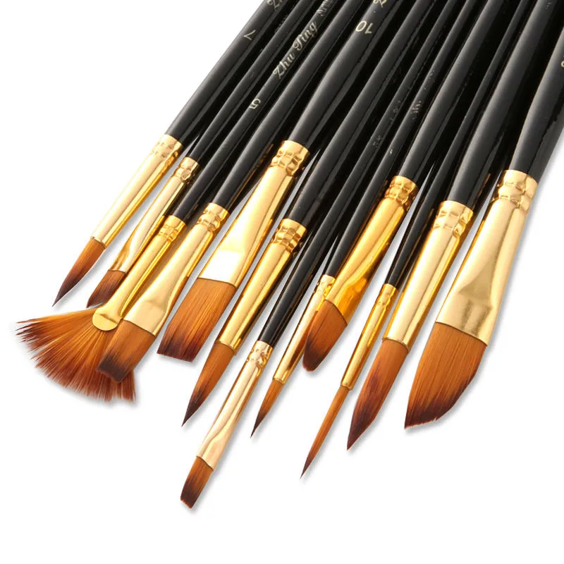 12 PCs Black Stick Nylon Hair Black with Palette Art Brushes