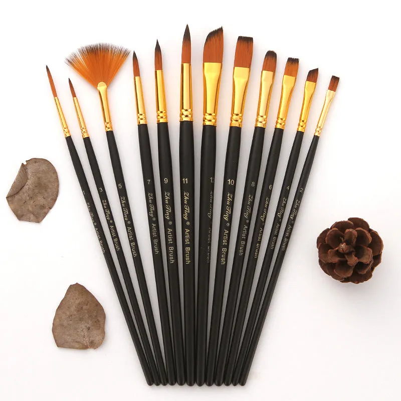 12 PCs Nylon Wool Art Brush Wooden Watercolor Painting