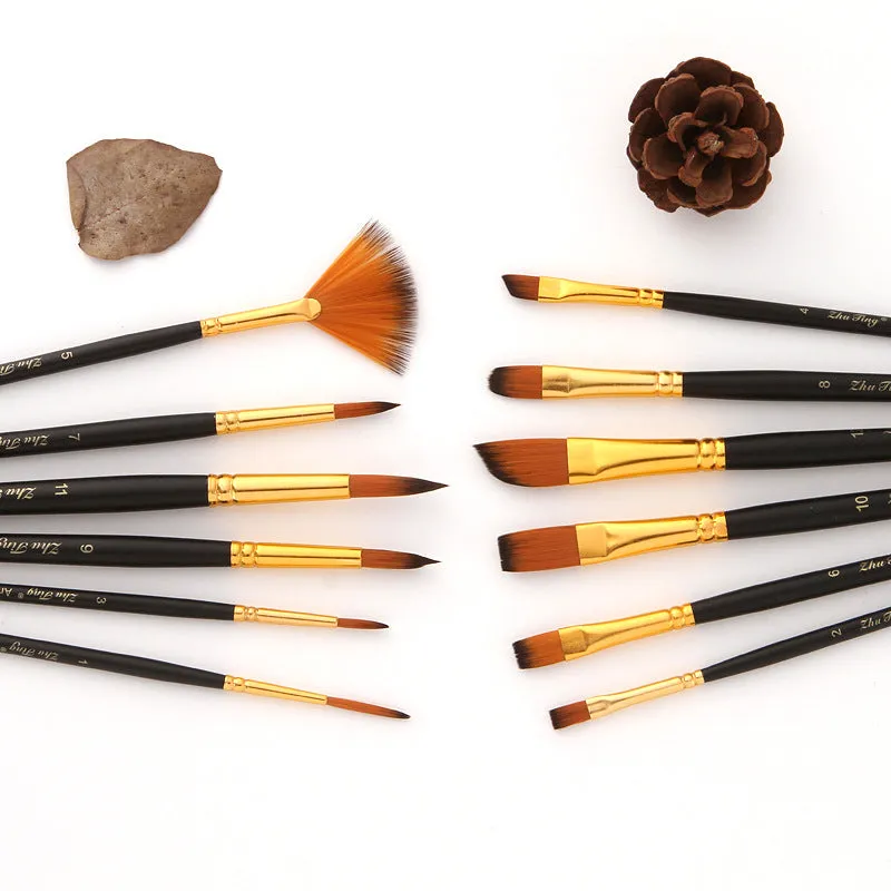 12 PCs Nylon Wool Art Brush Wooden Watercolor Painting