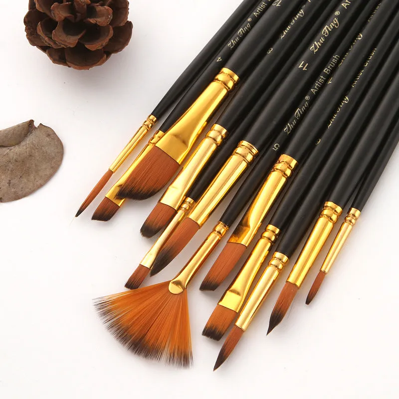 12 PCs Nylon Wool Art Brush Wooden Watercolor Painting