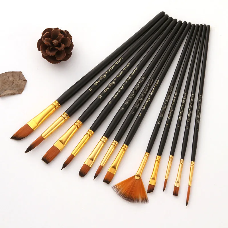 12 PCs Nylon Wool Art Brush Wooden Watercolor Painting