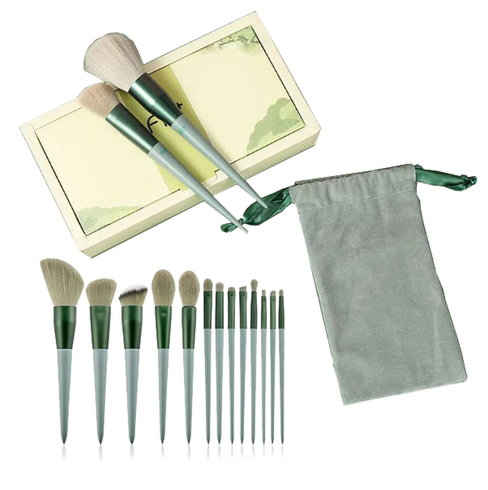 13pcs Professional Green Makeup Brushes Set with Storage Bag