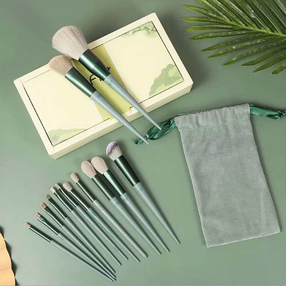 13pcs Professional Green Makeup Brushes Set with Storage Bag