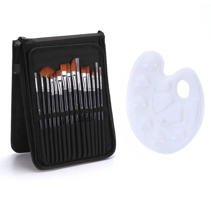 15 PCs Multi-Shape Nylon Hair Brush Set Copper Tube with Painting Cloth Bag Art