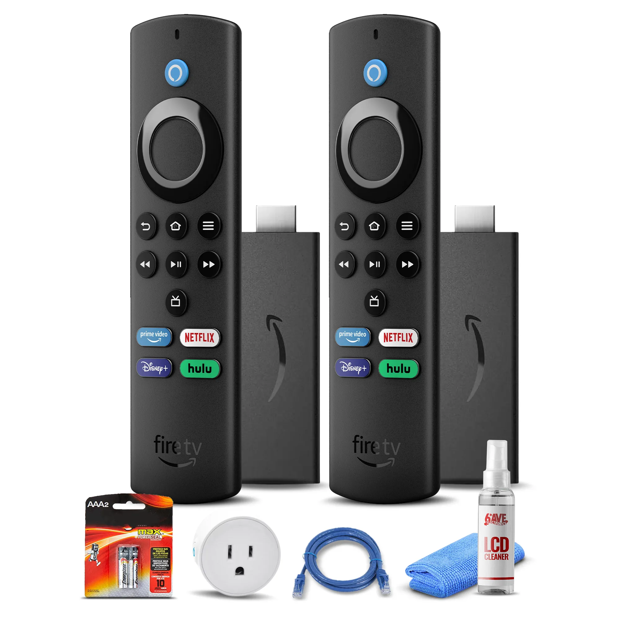 (2) Amazon Fire TV Stick Lite (2021)   Smart Plug   Cat5 Cable   Batteries