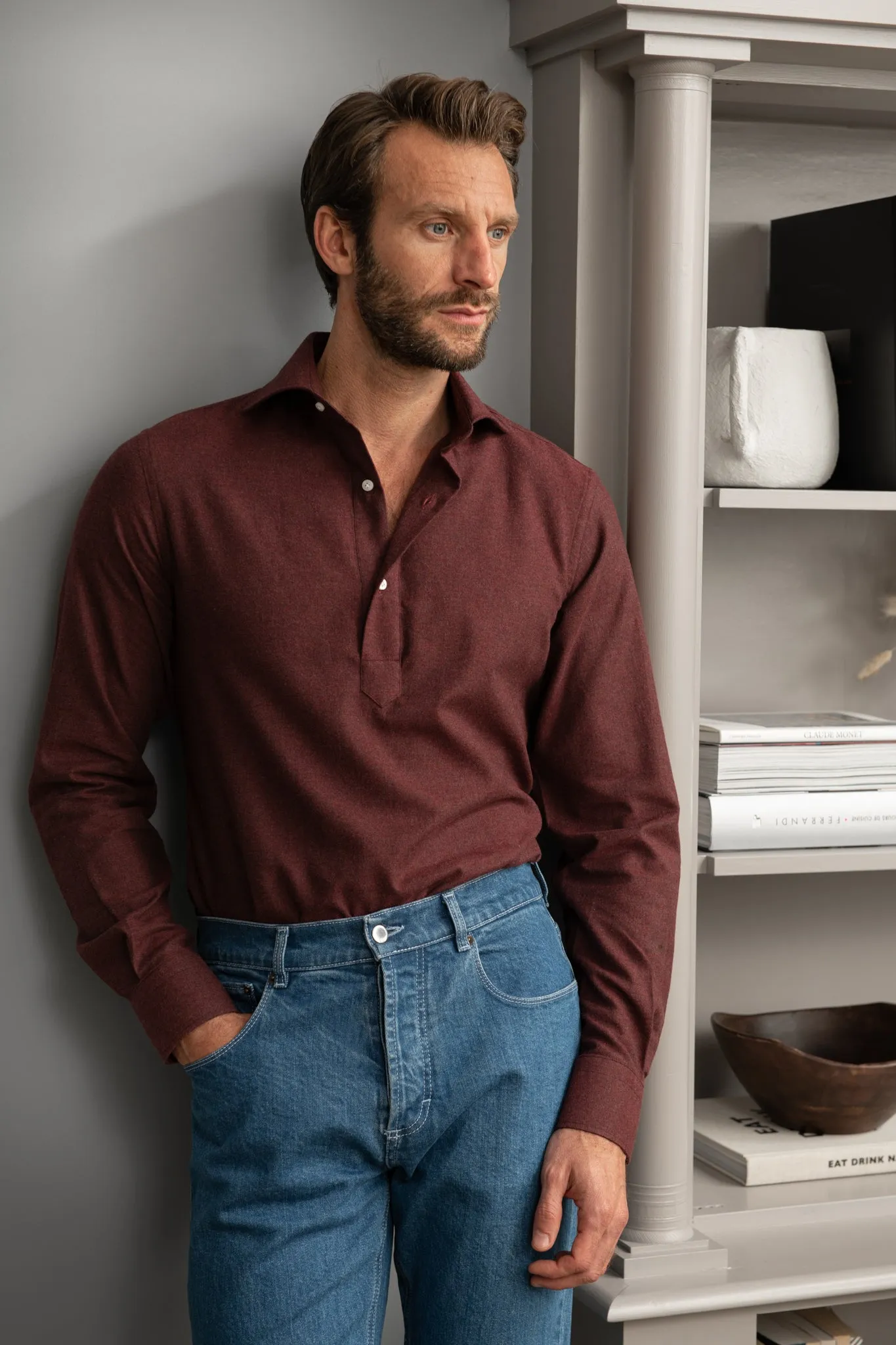 Bordeaux Popover Shirt - Flannel Touch - Made in Italy