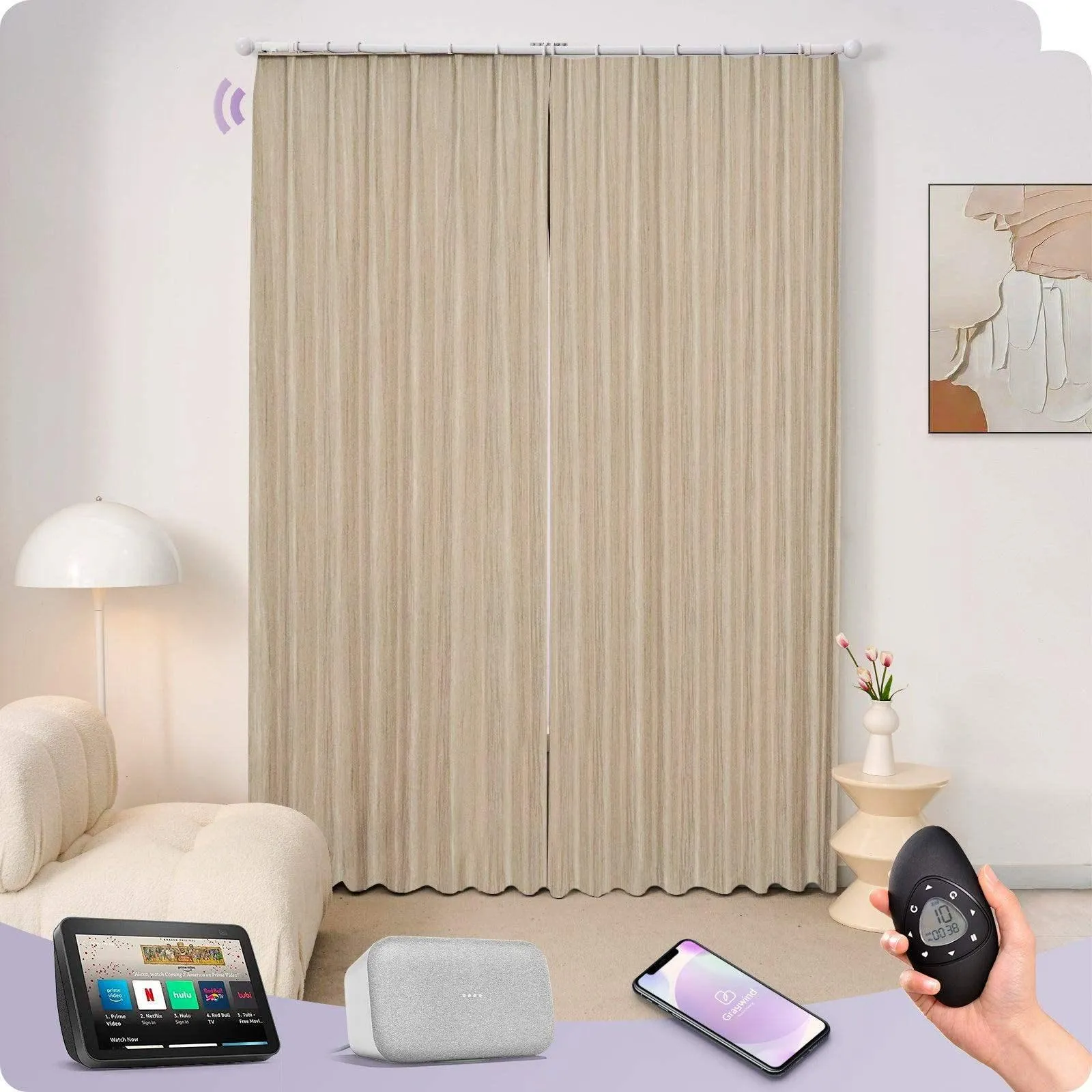 Graywind Rechargeable Smart Curtain with Roman Rod | Light Filtering- Designed Series | Customizable