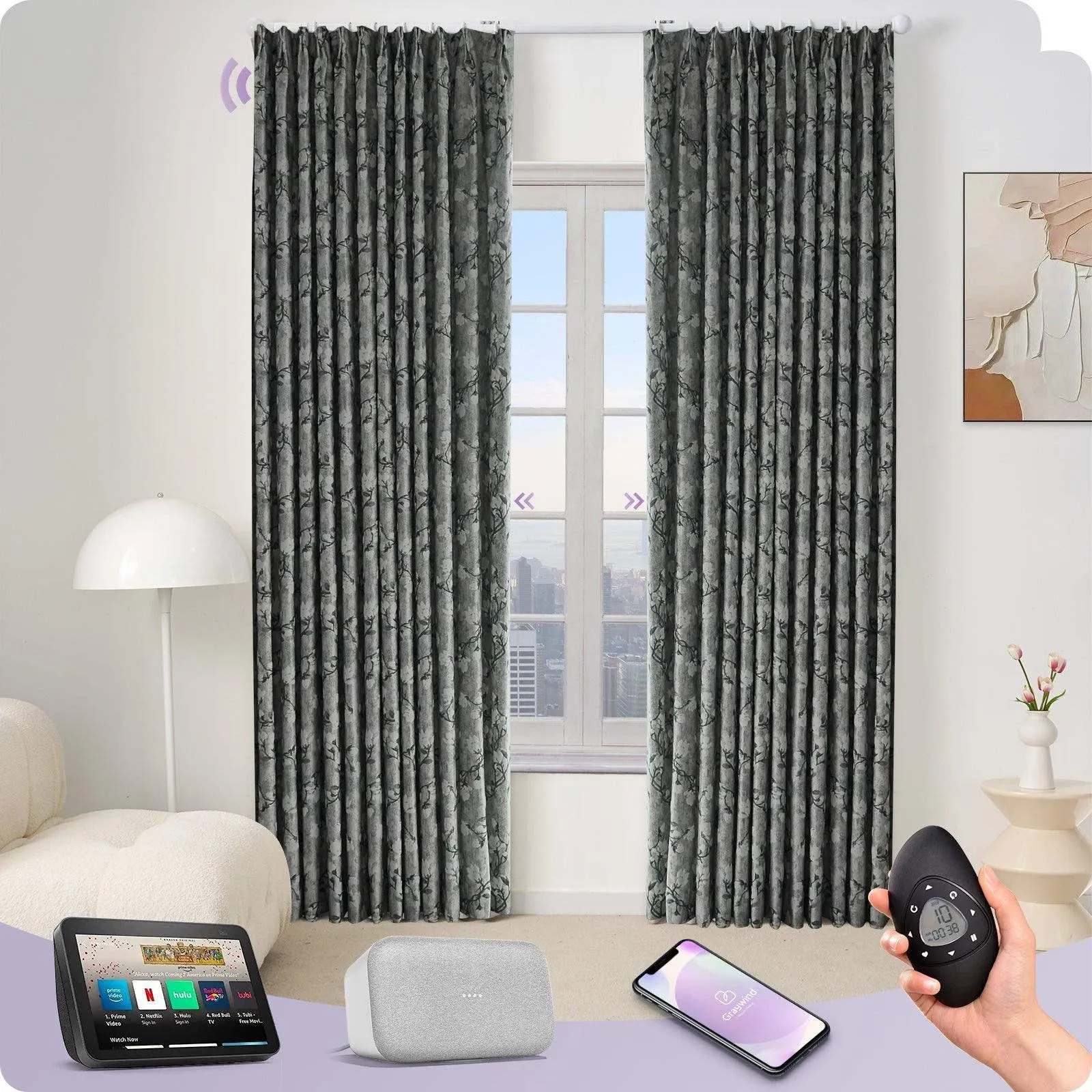 Graywind Rechargeable Smart Curtain with Roman Rod | Light Filtering- Designed Series | Customizable