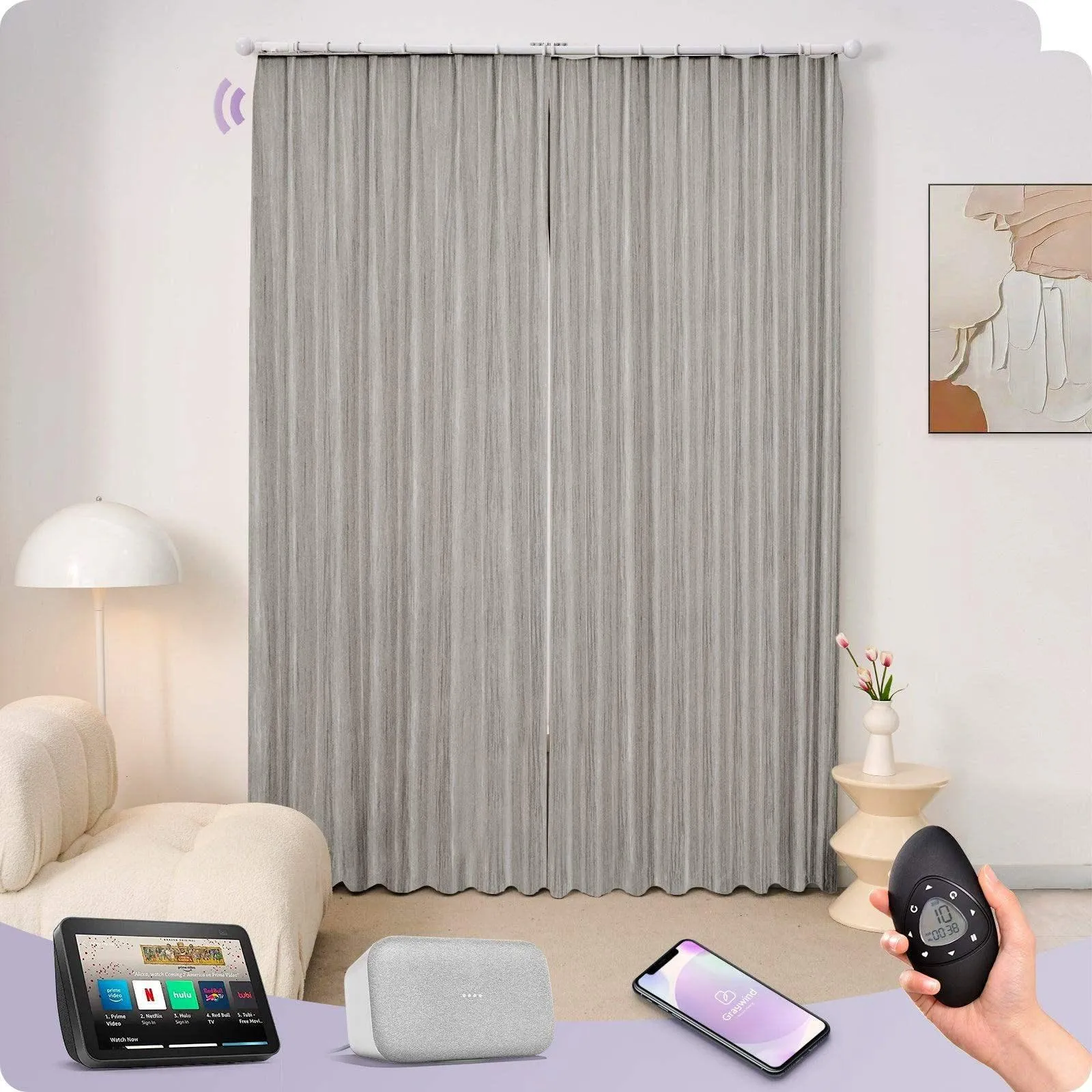 Graywind Rechargeable Smart Curtain with Roman Rod | Light Filtering- Designed Series | Customizable