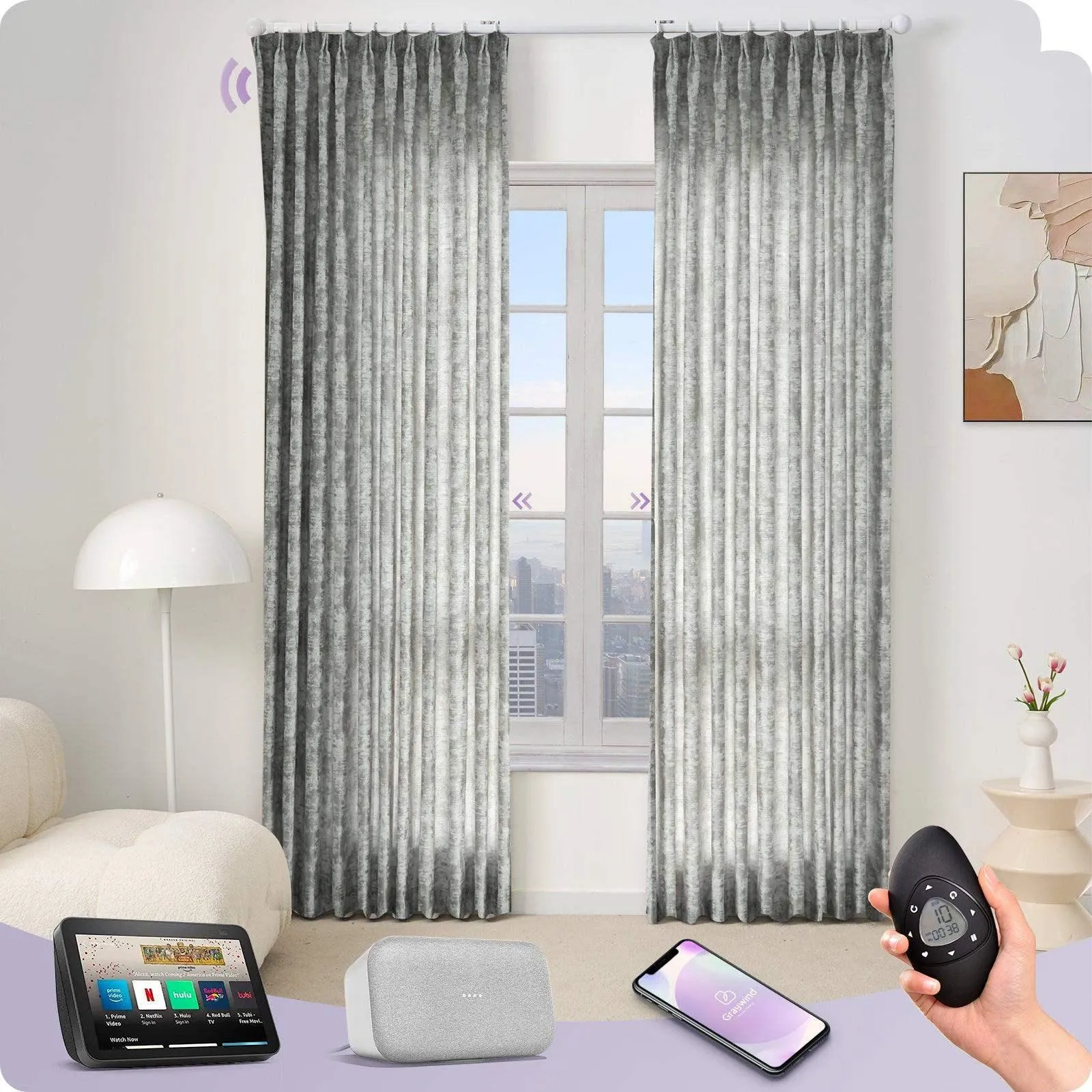 Graywind Rechargeable Smart Curtain with Roman Rod | Light Filtering- Designed Series | Customizable