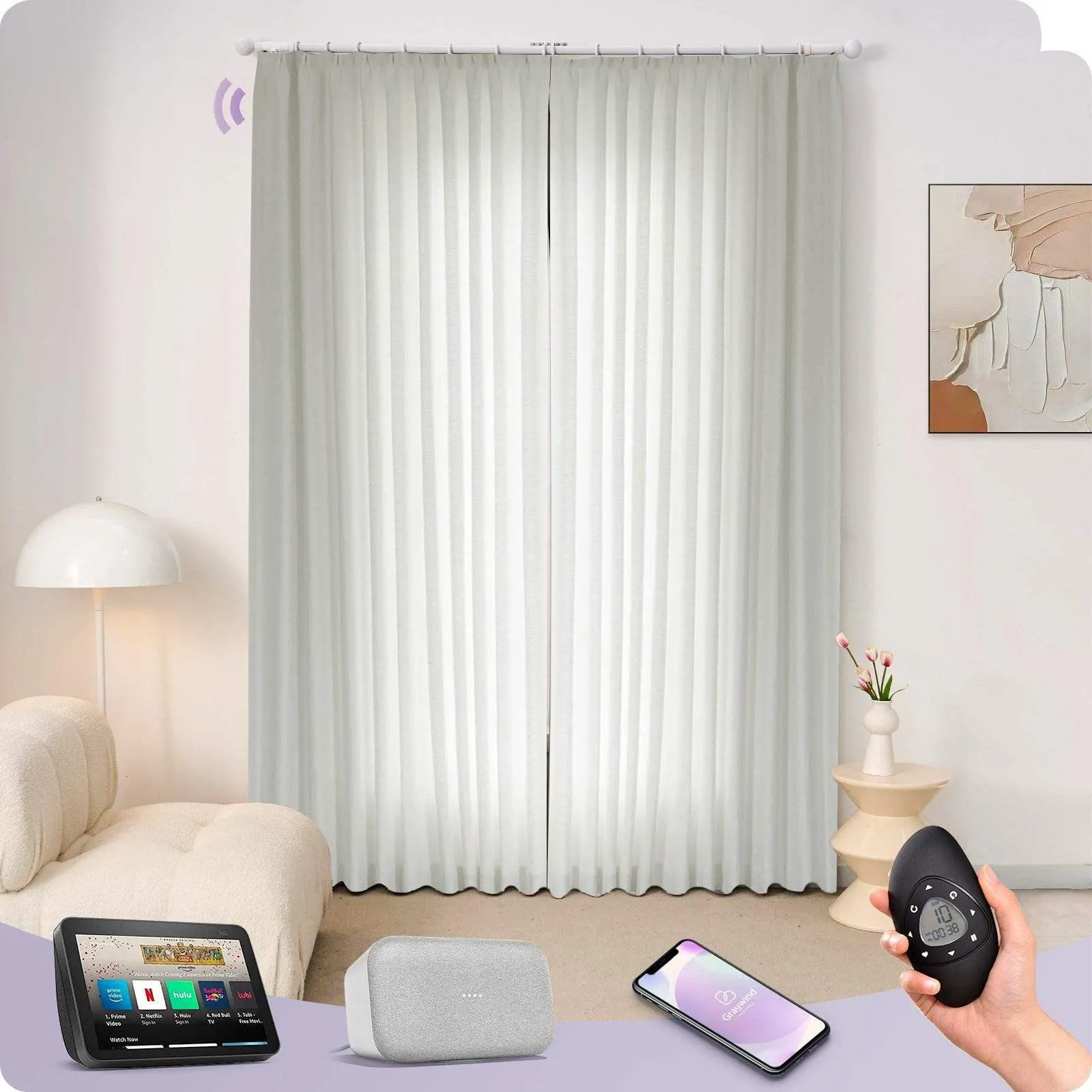 Graywind Rechargeable Smart Curtain with Roman Rod | Light Filtering- Designed Series | Customizable