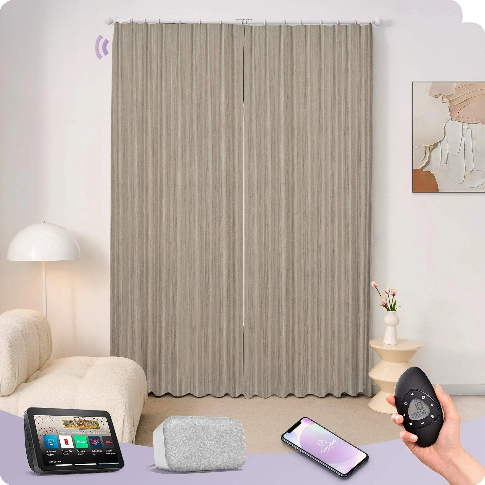 Graywind Rechargeable Smart Curtain with Roman Rod | Light Filtering- Designed Series | Customizable