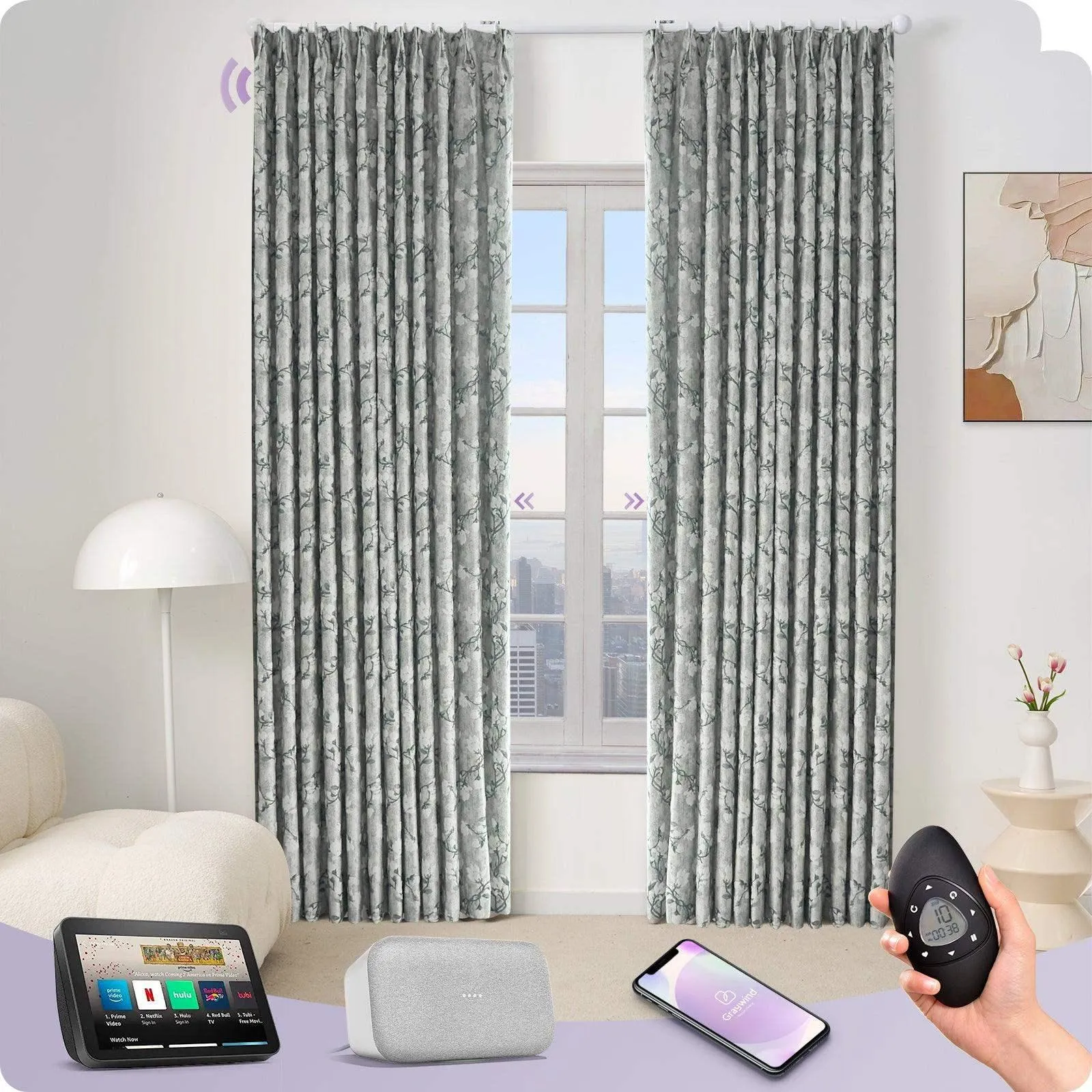 Graywind Rechargeable Smart Curtain with Roman Rod | Light Filtering- Designed Series | Customizable