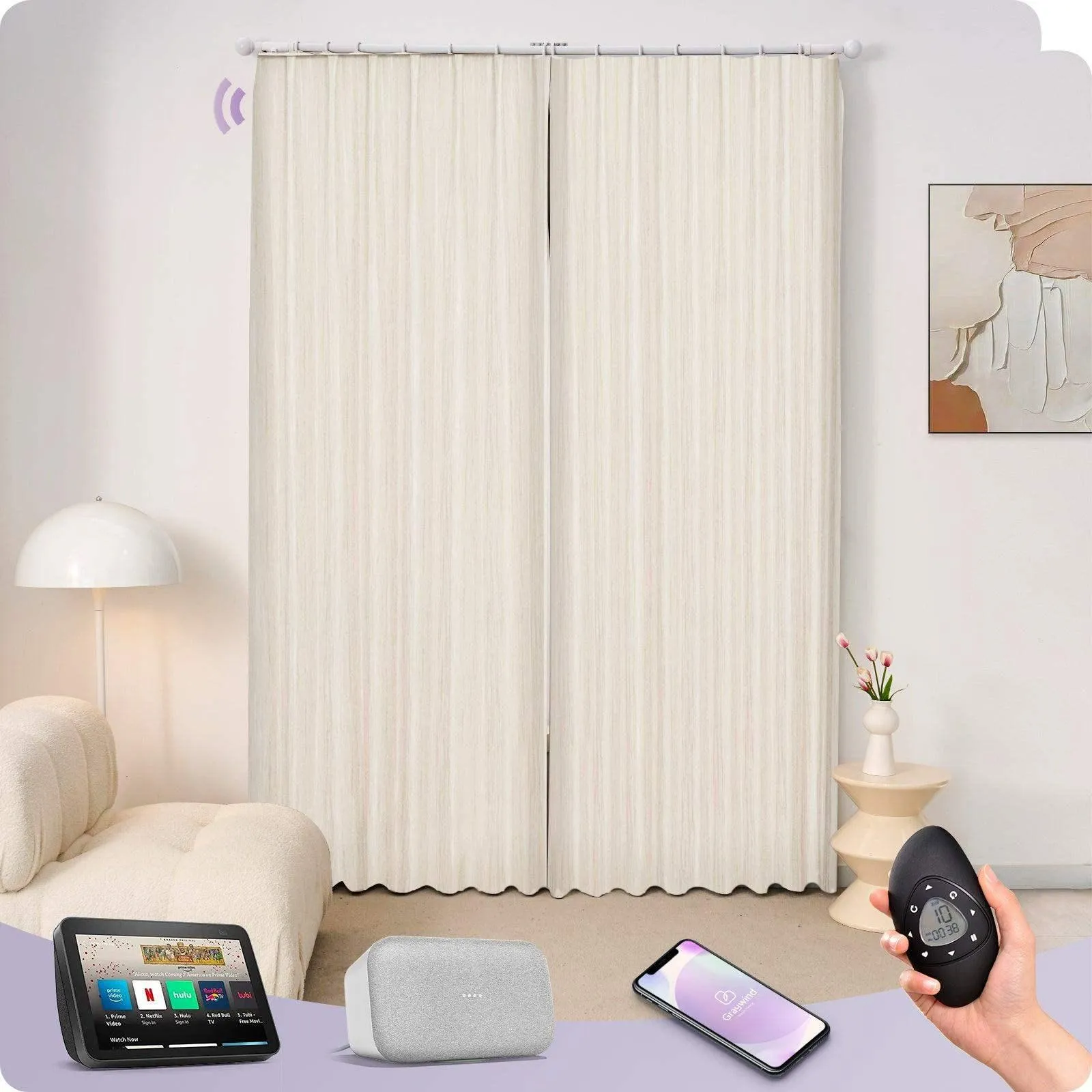 Graywind Rechargeable Smart Curtain with Roman Rod | Light Filtering- Designed Series | Customizable