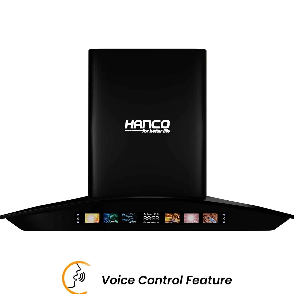 Hanco Voice Control Smart Hood HDE-87-Smart 600 to 900 mm, 3 Speed Touch Panel, Motion Sensor, Voice Control, Digital Screen Display, Double Bearing Copper Motor, Boat Filter with Big SS Oli Cup.