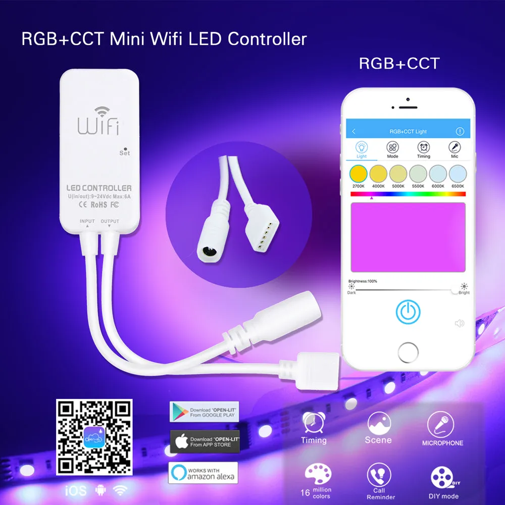 Mini WiFi APP LED Strip Controller for 3528 5050 Single Color RGB RGBW RGBCCT Alexa Voice DC9V-24V