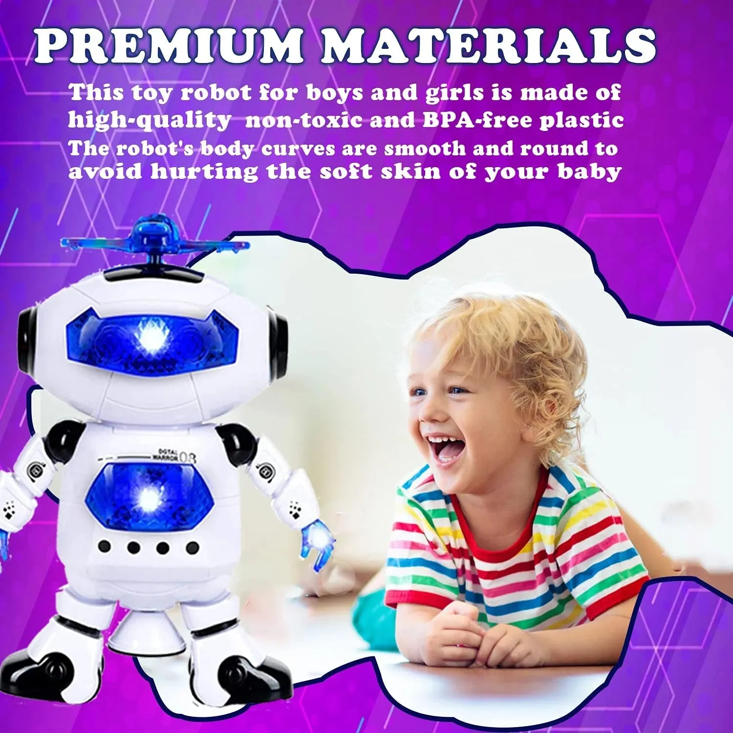 Musical Walking Dancing Toy Robot  for Kids, Flashing Lights, 360° Body Spinning