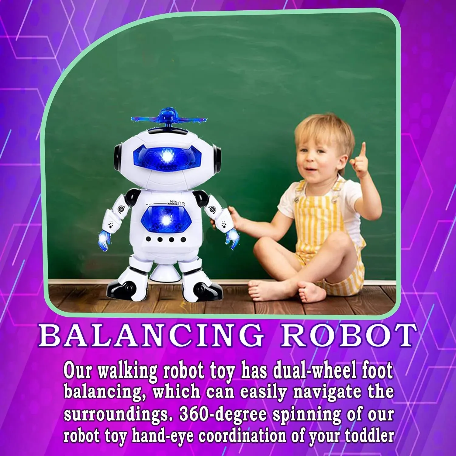 Musical Walking Dancing Toy Robot  for Kids, Flashing Lights, 360° Body Spinning