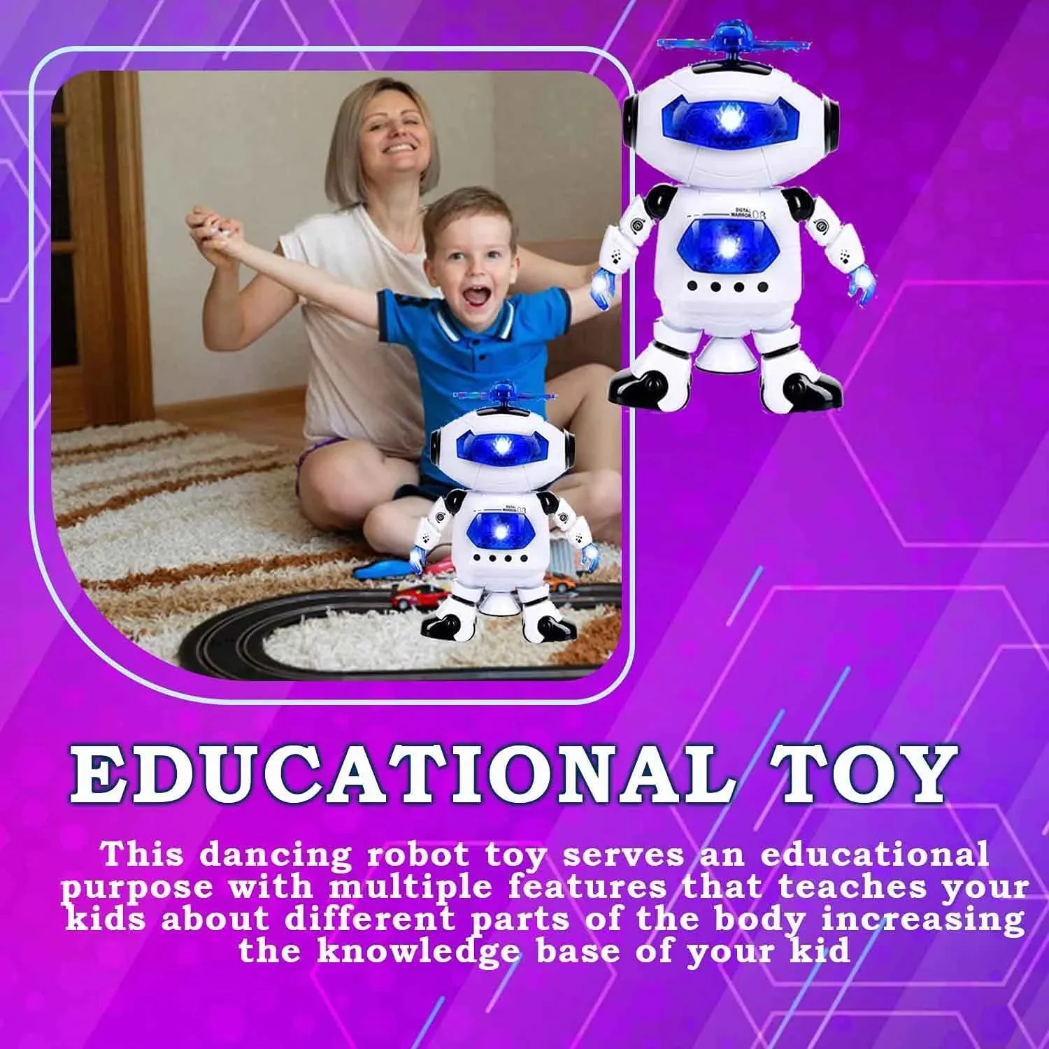 Musical Walking Dancing Toy Robot  for Kids, Flashing Lights, 360° Body Spinning