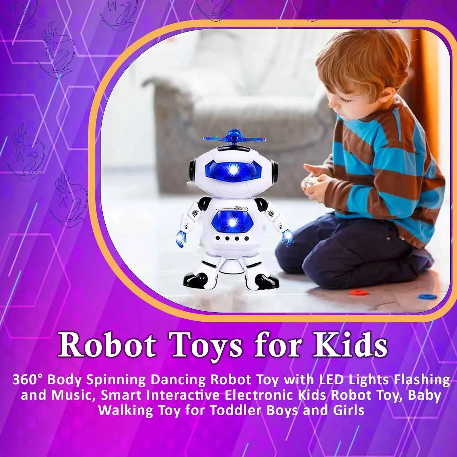 Musical Walking Dancing Toy Robot  for Kids, Flashing Lights, 360° Body Spinning