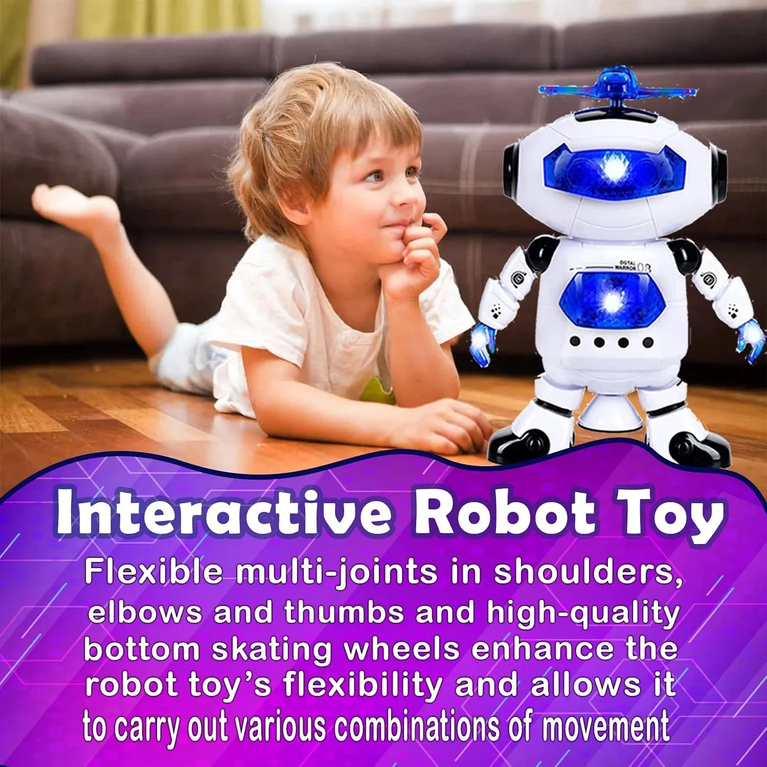 Musical Walking Dancing Toy Robot  for Kids, Flashing Lights, 360° Body Spinning