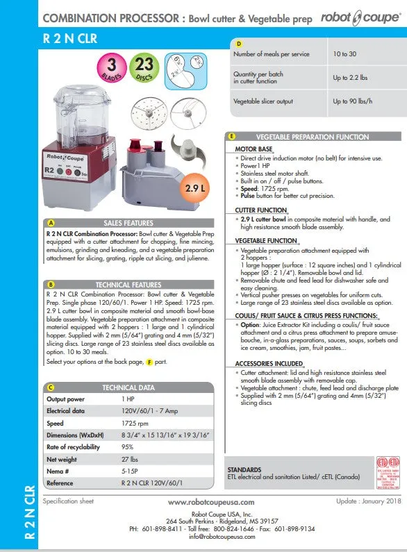 Robot Coupe Food Processor Cont Feed R2N